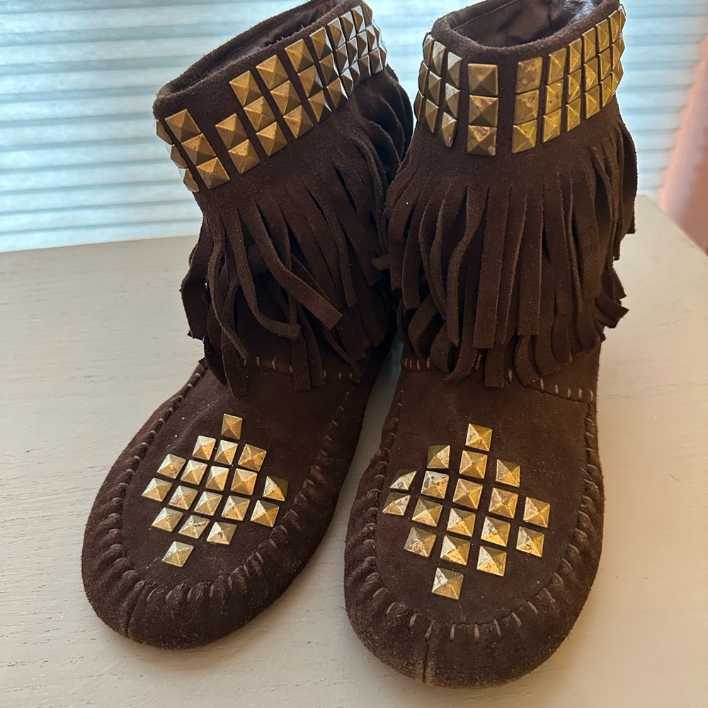 Jeffrey Campbell “Oakley” Brown Moccasins with Gold Studs